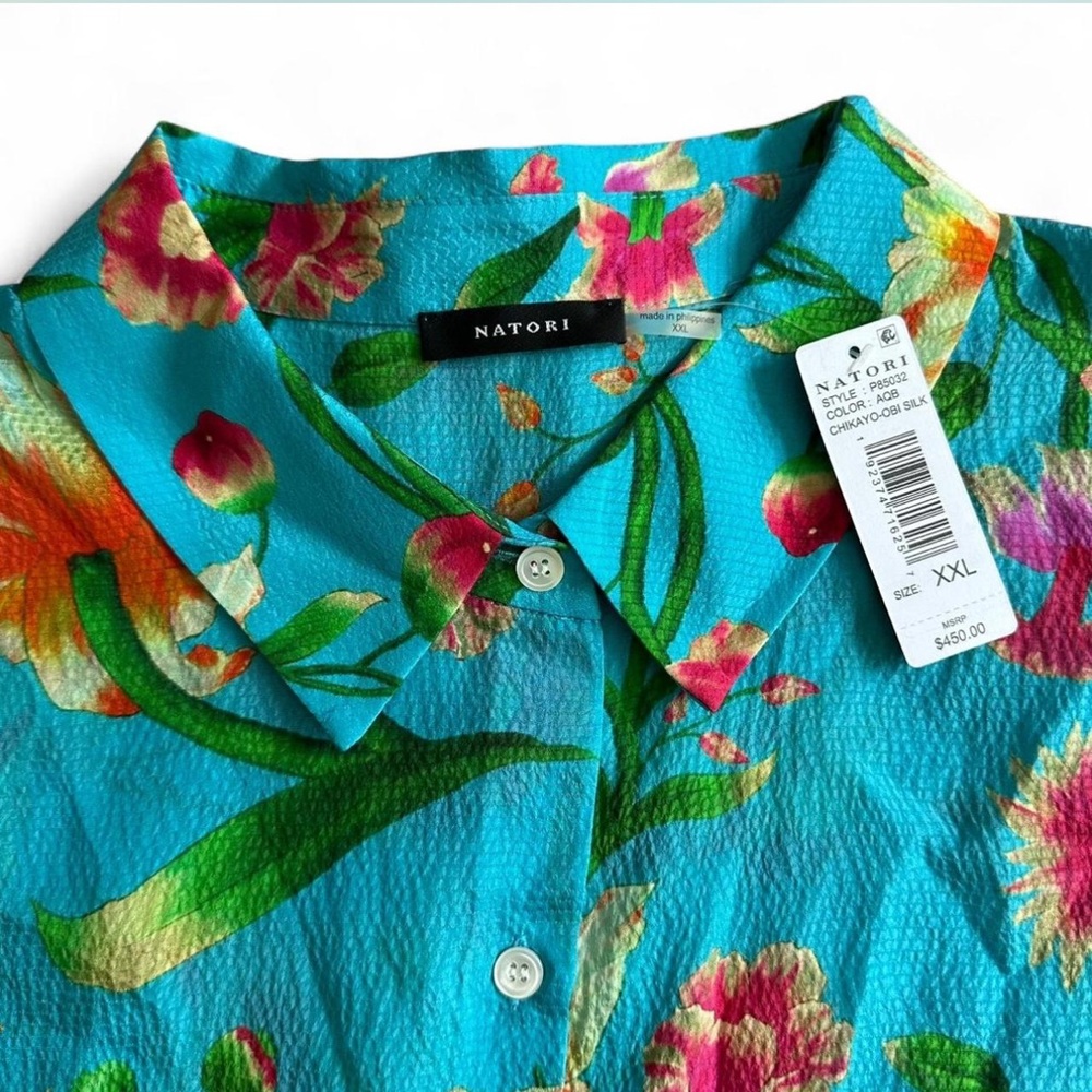 Natori Women's Vibrant Floral Button Down 100% Silk Shirt